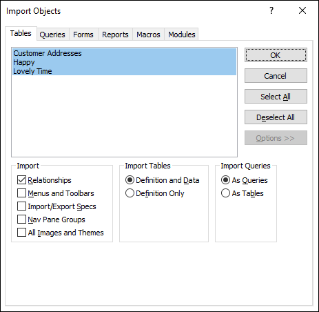 The Import Objects dialog box.