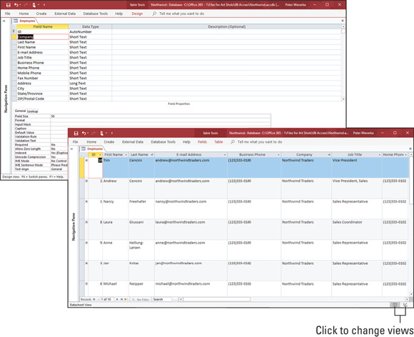 Illustration of a table in Design view (top) and Datasheet view (bottom).