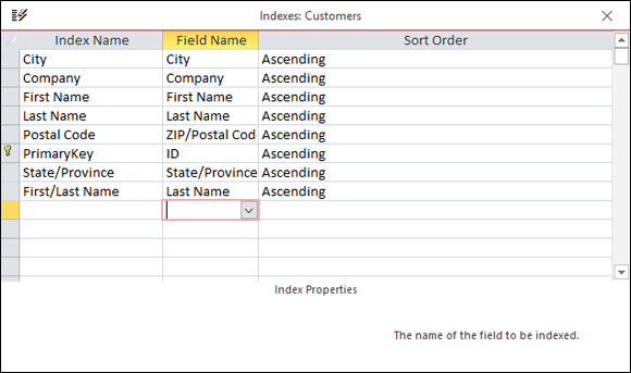 Illustration of the Indexes dialog box listing the primary key field.