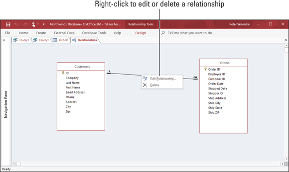 Illustration of the  Relationships window.