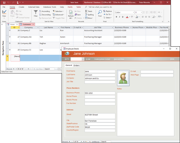 Illustration of Entering records in Datasheet view (left) and in a form (right).