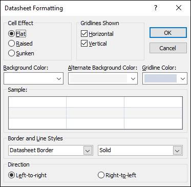 Illustration of the Datasheet Formatting dialog box.