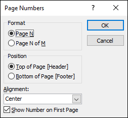 Illustration of Putting on the page numbers in the Page Numbers dialog box.