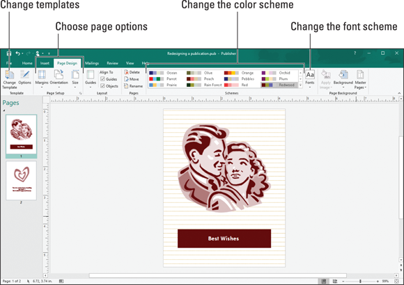 Illustration of the Page Design tab where templates, color schemes, font schemes, color schemes, and page options are changed.
