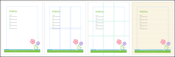 Illustration of Layout guides (left to right): margin guides, grid guides, ruler guides, and baselines.