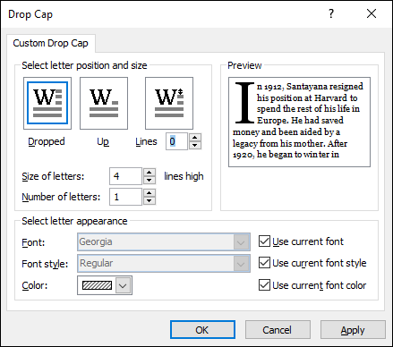 The Drop Cap dialog box showing fashioning of a drop cap.