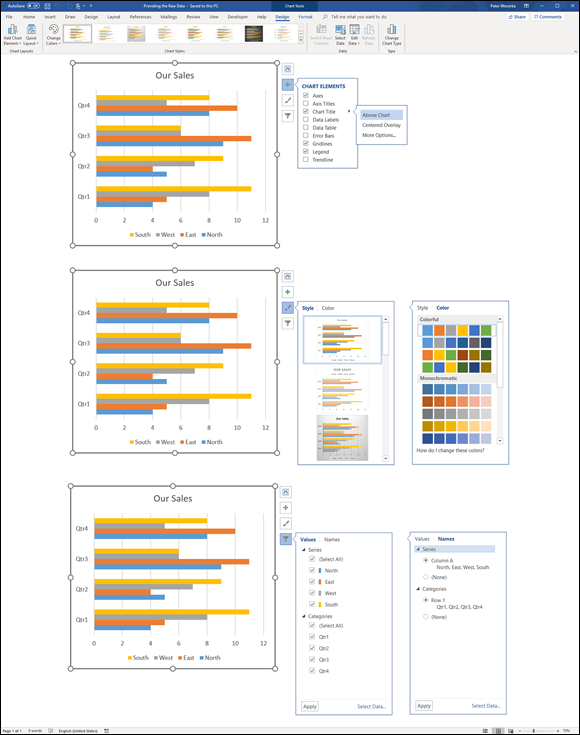 Illustration of changing a Chart’s Appearance: Click a button to the right of a chart or go to (Chart Tools) Design tab and the (Chart Tools) Format tab.