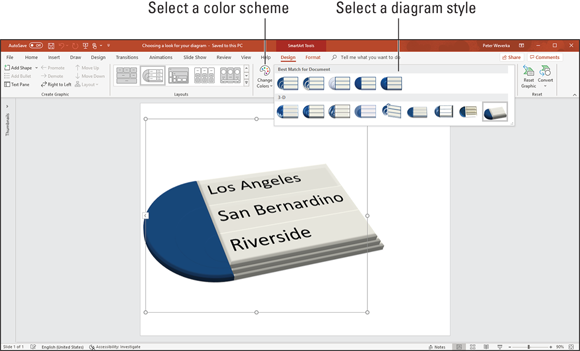 Illustration of Choosing a Look for the Diagram by choosing a color scheme and a different style from (SmartArt Tools) Design tab.