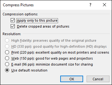 The Compress Pictures dialog box.