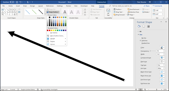 Illustration of a drop-down list with commands for handling the appearance of lines, arrows, and connector.