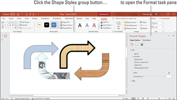 Illustration of Shape fills (from left to right): color, picture, gradient, and texture.