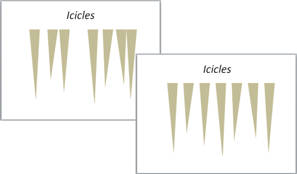 Illustration of how the Distribute commands work. The Distribute commands rearrange objects so that the  same amount of space is between them.