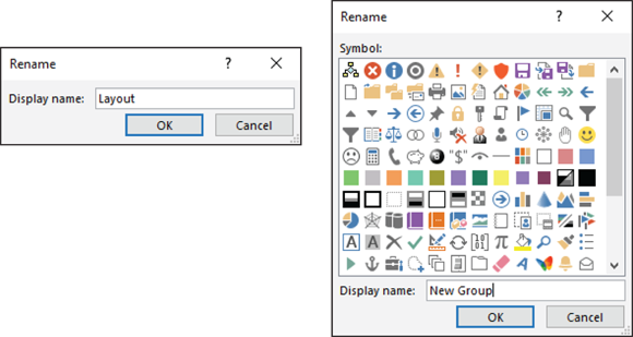 The Rename dialog box: Renaming a tab (left) and a group (right).