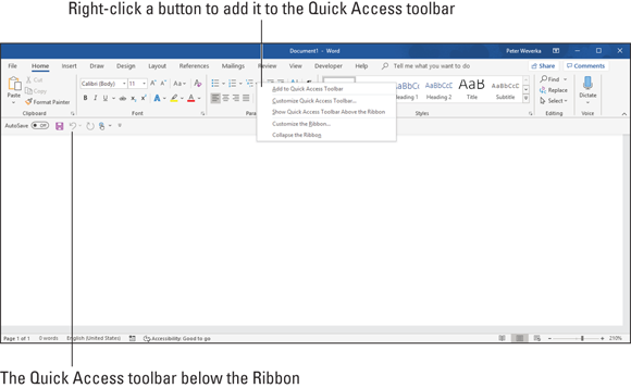 Illustration of adding a button to the Quick Access toolbar by right-clicking.