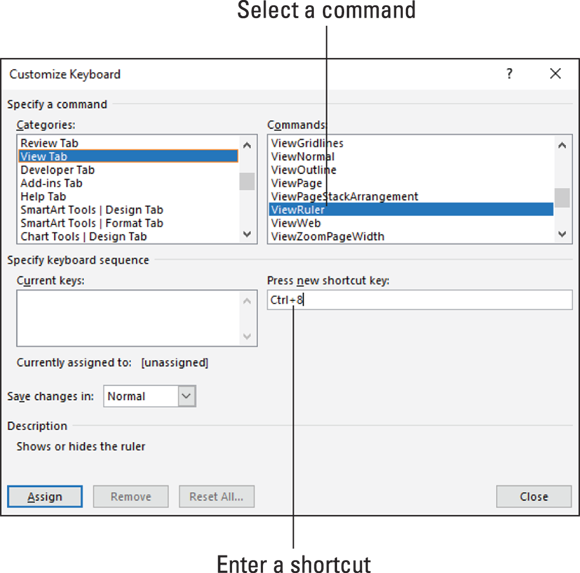 The Customize Keyboard dialog box.