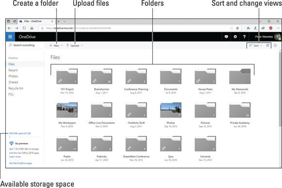 Illustration of the OneDrive window in web browser.