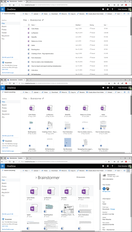 Illustration of the OneDrive window in List view (top), Tiles view (middle), and Photo view with the Information pane showing (bottom).