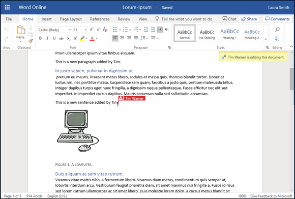 Illustration of the Word Web App informing the editor names of others working on the file.