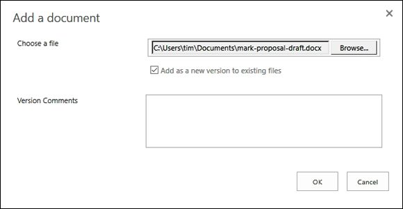 The Add a Document dialog box where a document is uploaded  to a SharePoint Online document library.