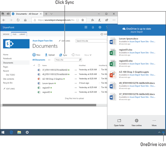 Illustration of the sync option that allows SharePoint files to be taken offline for local access.