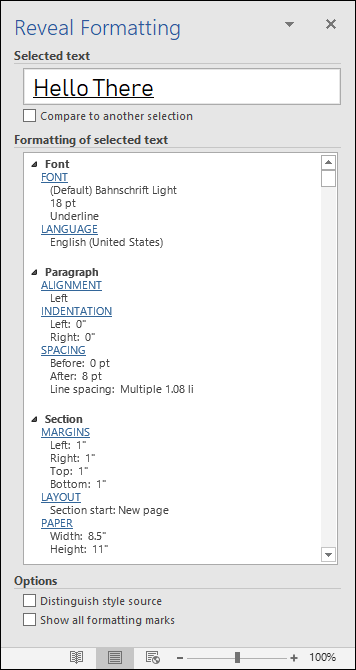 Illustration of the Reveal Formatting task pane. It describes how the text, paragraph, and section where the cursor is located are formatted.