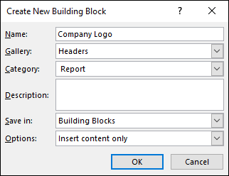 Illustration of creating headers or footers for the gallery.  The Building Blocks Organizer dialog box is shown. Select the header or footer.