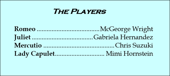 Illustration of Tab Leaders.Left-aligned tab stops are used for the characters’ names and right-aligned tab stops for the players’ names.