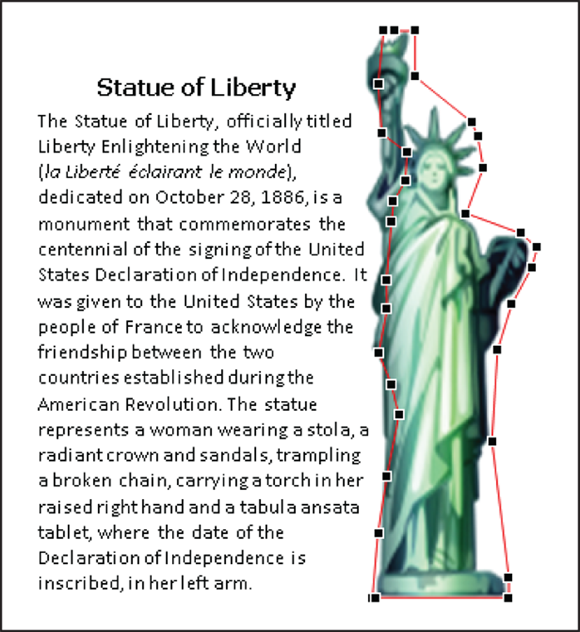 Wrap points appearing around the object (the Statue of Liberty).