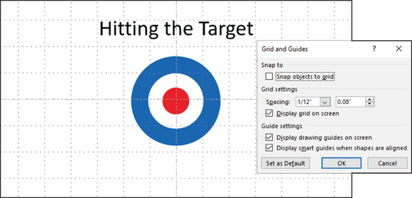 Illustration of a bull's eye with the words “Hitting the Target” typed over it. To the right of the image, Grid and Guides is selected in the Grid and Guides dialog box. The Snap Objects to Grid check box is deselected.