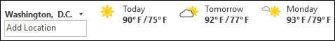 The Calendar window giving a weather report with temperature readings or projections for today, tomorrow, and the day after that (here, Monday).