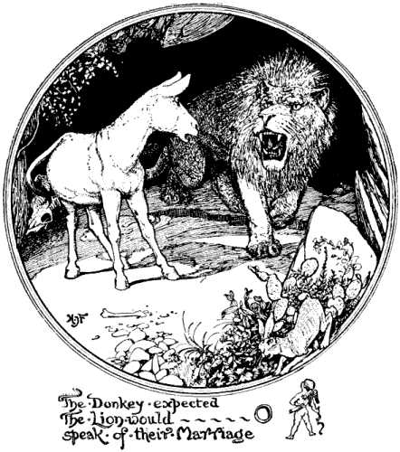 Image i012.jpg: The Donkey expected the Lion would speak of their Marriage.