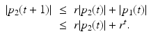 
$$\displaystyle\begin{array}{rcl} \vert p_{2}(t + 1)\vert & \leq & r\vert p_{2}(t)\vert + \vert p_{1}(t)\vert {}\\ &\leq & r\vert p_{2}(t)\vert + r^{t}. {}\\ \end{array}$$

