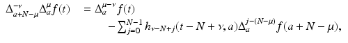 
$$\displaystyle\begin{array}{rcl} \Delta _{a+N-\mu }^{-\nu }\Delta _{ a}^{\mu }f(t)& & = \Delta _{ a}^{\mu -\nu }f(t) \\ & & \quad \quad -\sum _{j=0}^{N-1}h_{\nu -N+j}(t - N+\nu,a)\Delta _{a}^{j-(N-\mu )}f(a + N-\mu ),{}\end{array}$$
