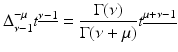 
$$\displaystyle{\Delta _{\nu -1}^{-\mu }t^{\underline{\nu -1}} = \frac{\Gamma (\nu )} {\Gamma (\nu +\mu )}t^{\underline{\mu +\nu -1}}}$$

