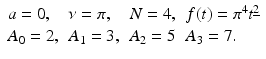 
$$\displaystyle{ \begin{array}{llll} a = 0, &\nu =\pi, &N = 4,&f(t) =\pi ^{4}t^{\underline{2}} \\ A_{0} = 2,&A_{1} = 3,&A_{2} = 5&A_{3} = 7.\end{array} }$$
