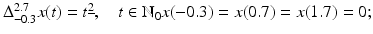 
$$\Delta _{-0.3}^{2.7}x(t) = t^{\underline{2}},\quad t \in \mathbb{N}_{0}x(-0.3) = x(0.7) = x(1.7) = 0;$$
