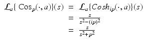
$$\displaystyle\begin{array}{rcl} \mathcal{L}_{a}\{\mbox{ Cos}_{p}(\cdot,a)\}(s)& =& \mathcal{L}_{a}\{Cosh_{ip}(\cdot,a)\}(s) {}\\ & =& \frac{s} {s^{2} - (ip)^{2}} {}\\ & =& \frac{s} {s^{2} + p^{2}} {}\\ \end{array}$$
