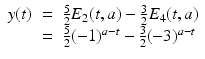 
$$\displaystyle\begin{array}{rcl} y(t)& =& \frac{5} {2}E_{2}(t,a) -\frac{3} {2}E_{4}(t,a) {}\\ & =& \frac{5} {2}(-1)^{a-t} -\frac{3} {2}(-3)^{a-t} {}\\ \end{array}$$
