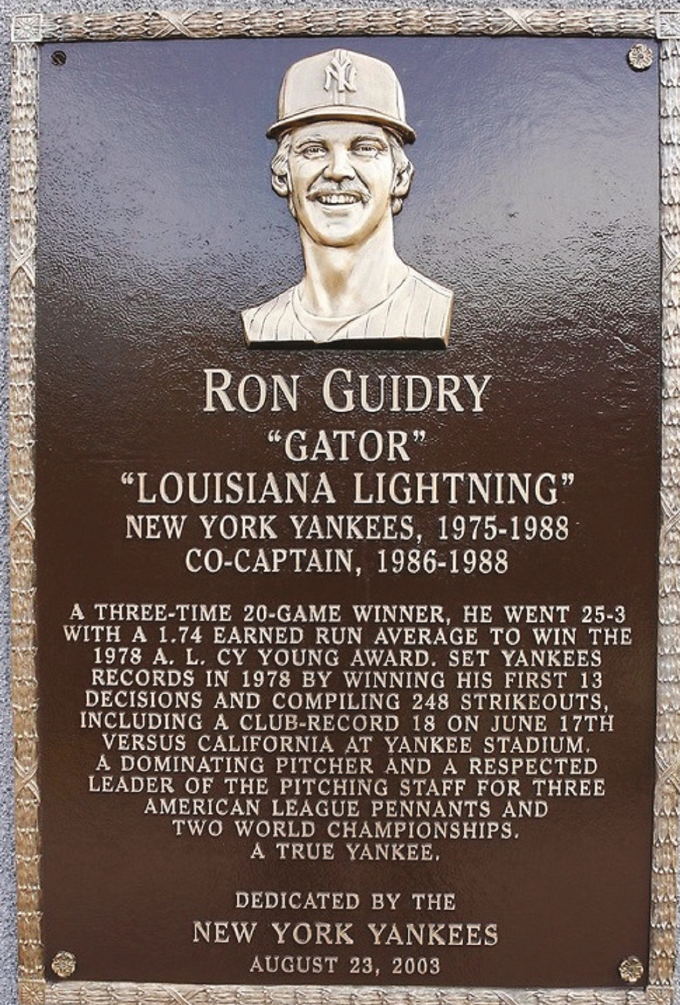 On August 23, 2003, I was honored when the Yankees retired my number 49 and dedicated this plaque in Monument Park in Yankee Stadium.