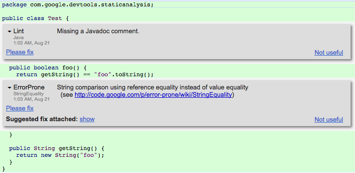 Screenshot of static analysis results during code review provided via Tricorder