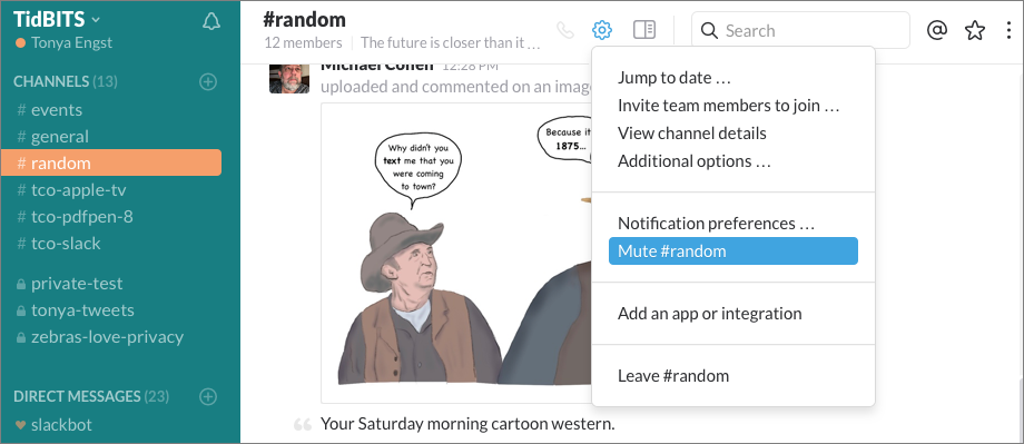 **Figure 136:** If a channel gets to be too much, you can mute it, as my editor is doing here with the built-in `#random` channel.