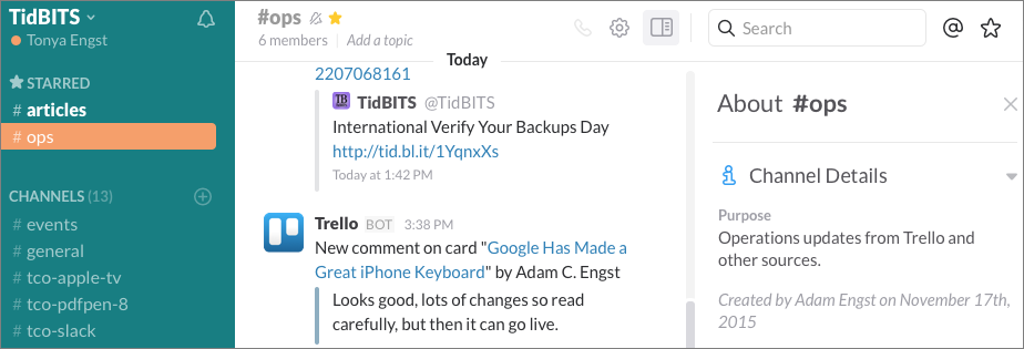 **Figure 143:** …the comment appears in the` #ops` channel in the TidBITS Slack team.