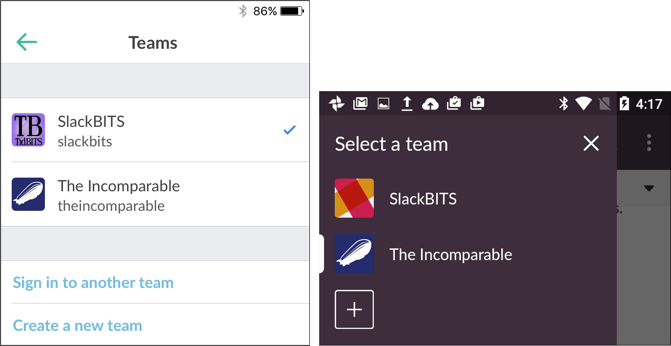 **Figure 23:** iOS (left) and Android (right) have slightly different methods of selecting teams.