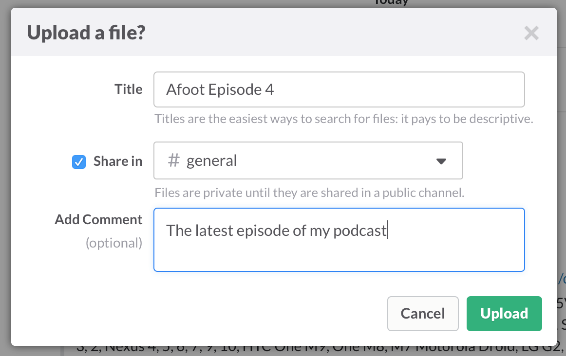 **Figure 62:** Enter a title, choose an upload location, and add a comment. (If a conversation is chosen in the Share In pop-up menu, your dialog will look slightly different.)