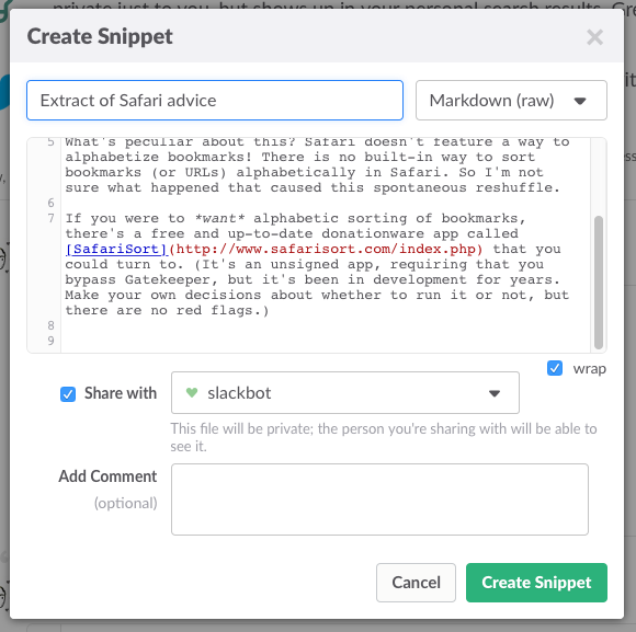 **Figure 70:** Markdown in a snippet uses a combination of colors and styles to call out your formatting codes.