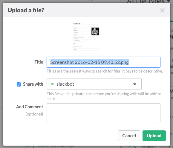 **Figure 110:** The upload dialog lets you know the file will be private.