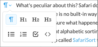 **Figure 74:** You can format a paragraph in a post as a heading, list item, checkbox, or as code.