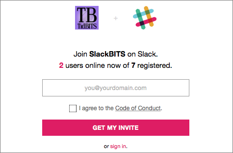 **Figure 3:** Getting invited to most public Slack teams is merely a matter of entering your email address and agreeing to a code of conduct.