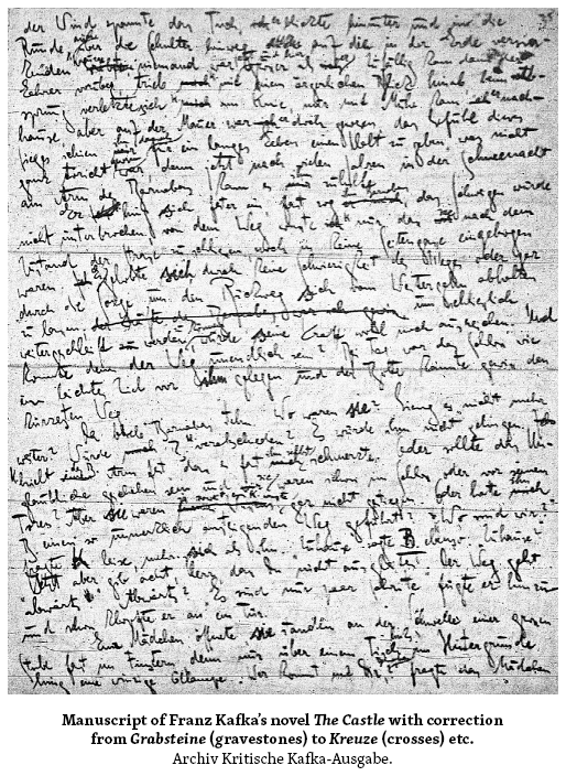 Image: Manuscript of Franz Kafka’s novel The Castle with correction from Grabsteine (gravestones) to Kreuze (crosses) etc. Archiv Kritische Kafka-Ausgabe.