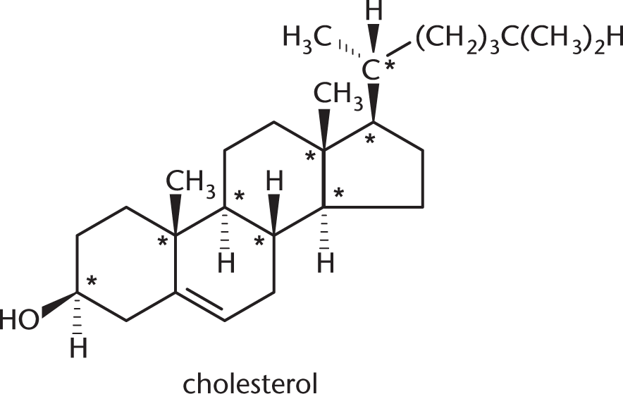 Structure of cholesterol with eight chiral centers marked